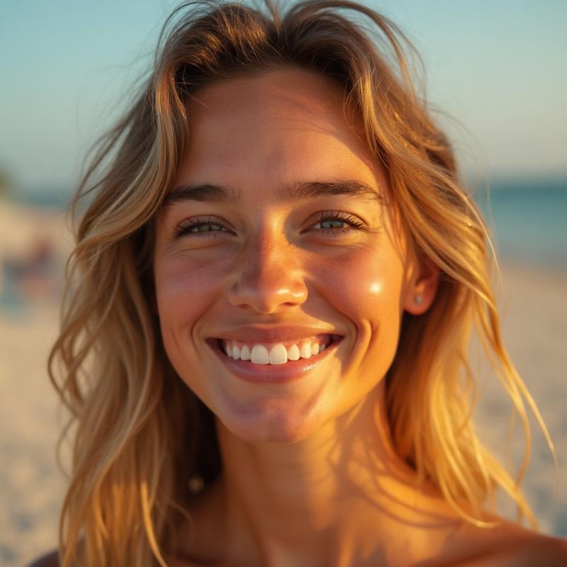 Mujer sonriendo con la piel bronceada en la playa